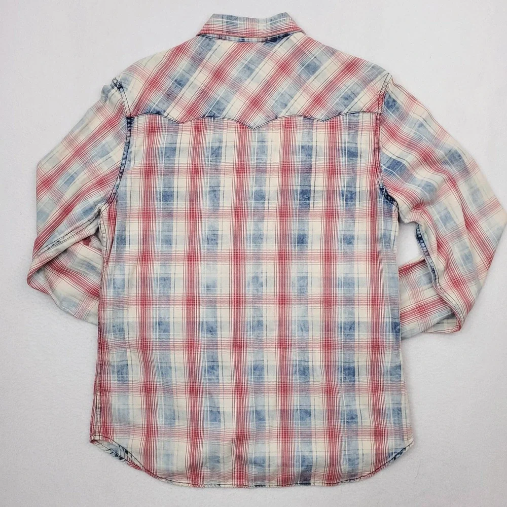 True Religion Shirt Men Large Red White Blue Plaid Western Pearl Snap Y2K Cowboy